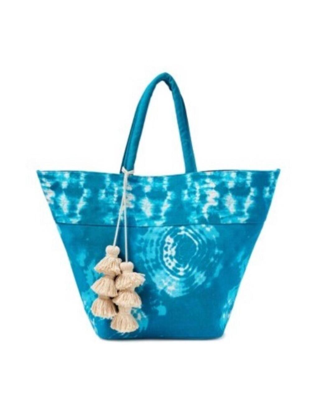 No Boundaries Ikat Lined Tote Bag With Tassel Large Blue White Tie Dye Print New
